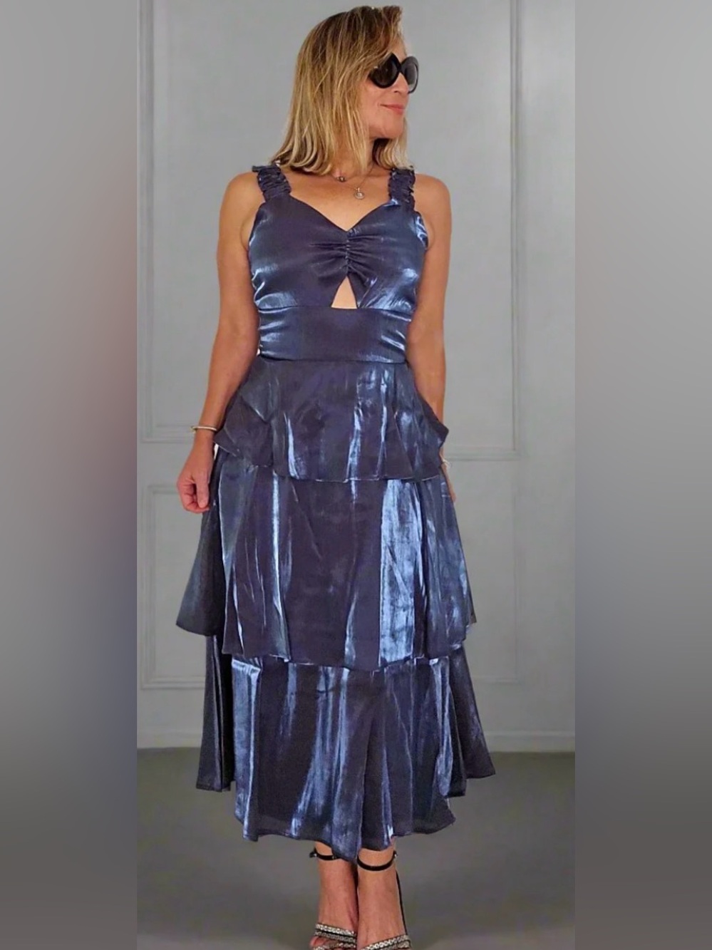 Shimmery Blue Tiered Maxi Dress with Knot Front